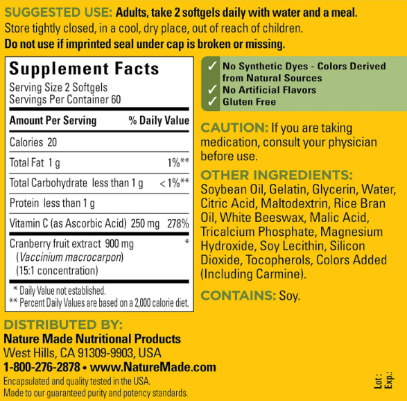 Nature Made Cranberry 450mg extract con vit C , 120 capsulas