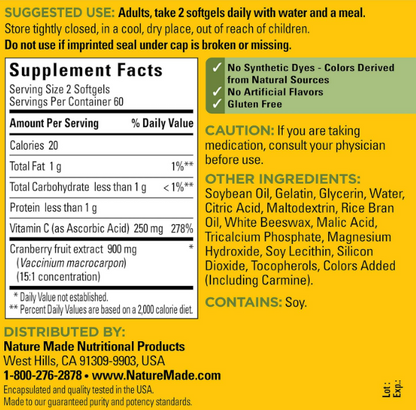 Nature Made Cranberry 450mg extract con vit C , 120 capsulas
