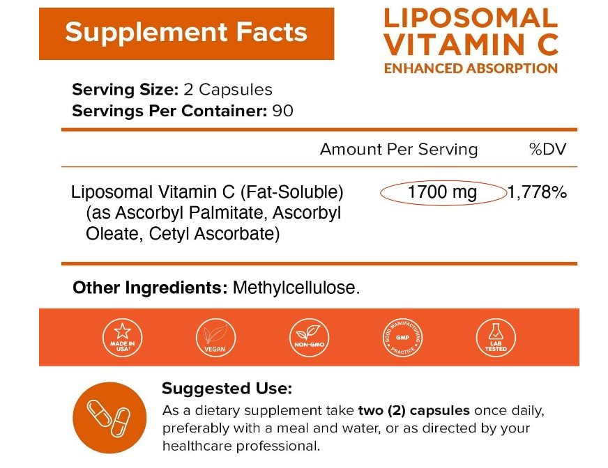 Vitamina C Liposomal NutriFlair 1700 mg, 180 Cápsulas - Alta absorción