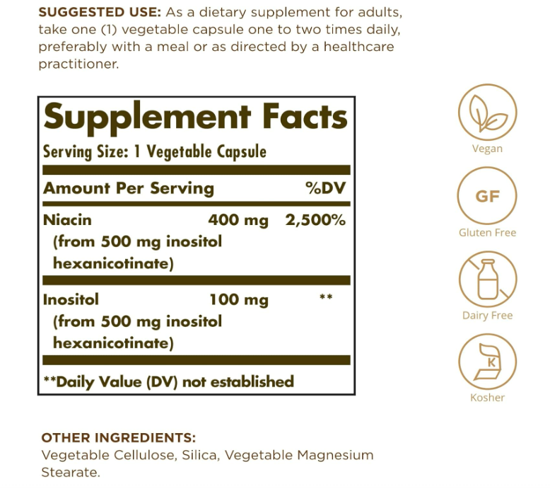 Solgar  Niacin 500mg , NO-FLUSH  , 100 tabletas