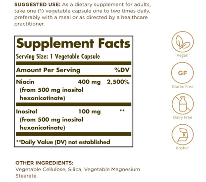Solgar  Niacin 500mg , NO-FLUSH  , 100 tabletas