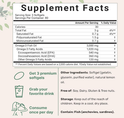 Omega-3 Fish oil 3000mg 540mg EPA + 360mg DHA - 240 capsulas sabor a limon