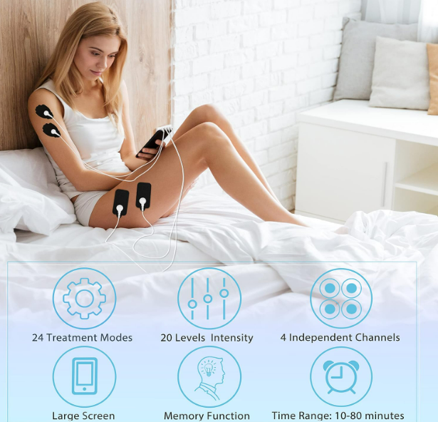 TENS estimulador muscular para alivio del dolor, 24 modos, 20 niveles de intensidad, masajeador de pulso eléctrico con pantalla grande, 8 almohadillas