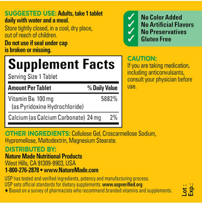 Nature Made - Vitamina B6 de 100 mg, 100 tabletas