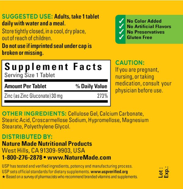 Nature Made  vitamina Zinc 30 mg - 100 tabletas