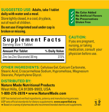 Nature Made  vitamina Zinc 30 mg - 100 tabletas