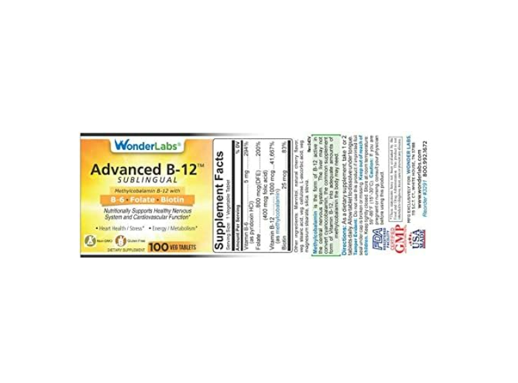 WonderLabs , Vitamina B12 sublingual (1000 mcg), B6 (5 mg), ácido fólico (400 mcg) y biotina (25 mcg) - 100 tabletas