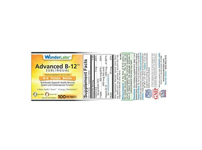WonderLabs , Vitamina B12 sublingual (1000 mcg), B6 (5 mg), ácido fólico (400 mcg) y biotina (25 mcg) - 100 tabletas