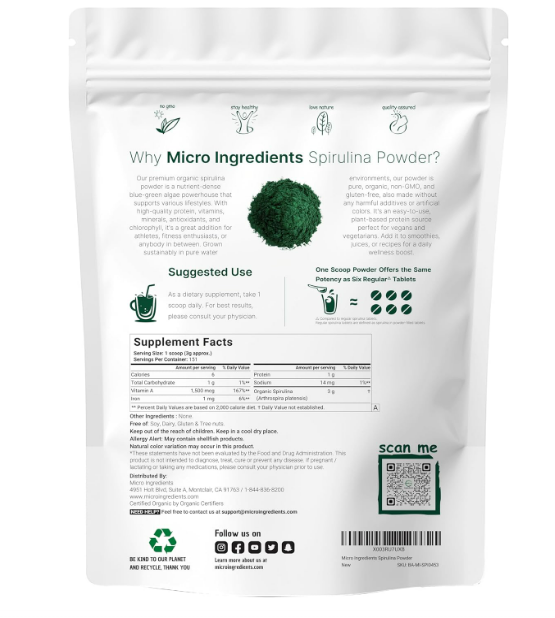 Micro Ingredients Espirulina orgánica en polvo, 16 onzas, Espirulina cruda (Arthrospira Platensis), Las fuentes más ricas de 70% de proteína vegana, Envases de minerales, vitaminas, sin OGM y sin irradiación