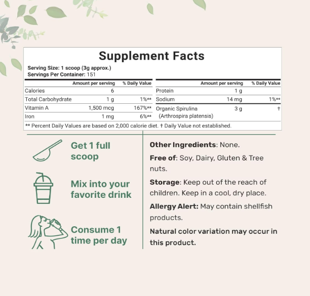Micro Ingredients Espirulina orgánica en polvo, 16 onzas, Espirulina cruda (Arthrospira Platensis), Las fuentes más ricas de 70% de proteína vegana, Envases de minerales, vitaminas, sin OGM y sin irradiación