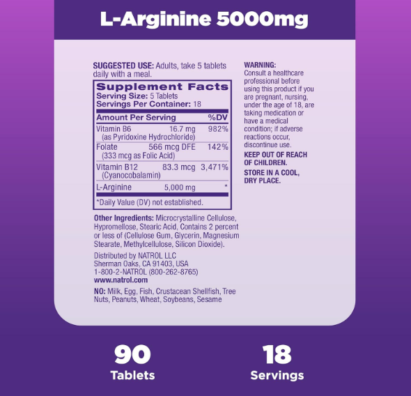 Natrol , L-Arginine 5000mg , mens health - 90 tabletas