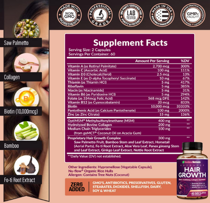Rainbown Nutrients - Hair Growth, biotin 10,000mcg-collagen-optimsm , 120 capsulas (Copia)