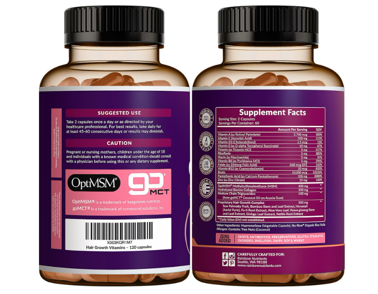 Rainbown Nutrients - Hair Growth, biotin 10,000mcg-collagen-optimsm , 120 capsulas (Copia)