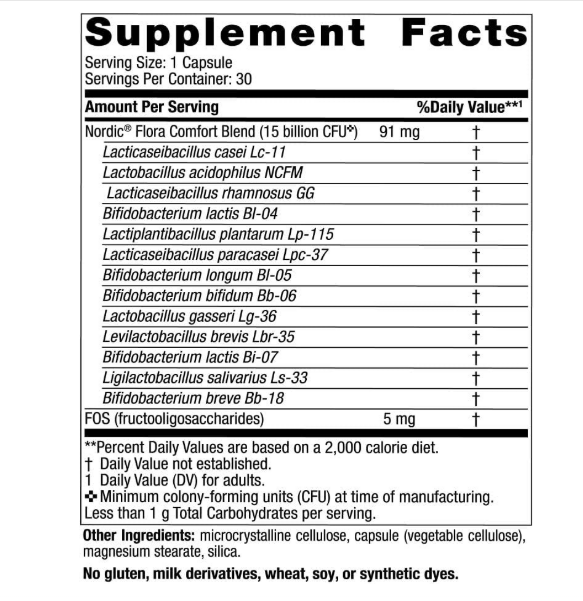Nordic Naturals Nordic Flora Probiotic Comfort - 30 cápsulas - 13 cepas probióticas con 15 mil millones