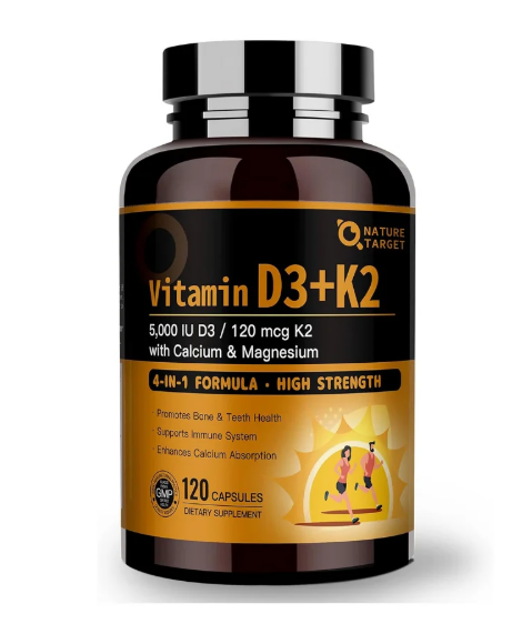 Nature Target - Vitamina D3(5,000iu)+K2(120mcg)con calcium y magnesio , 120 capsulas