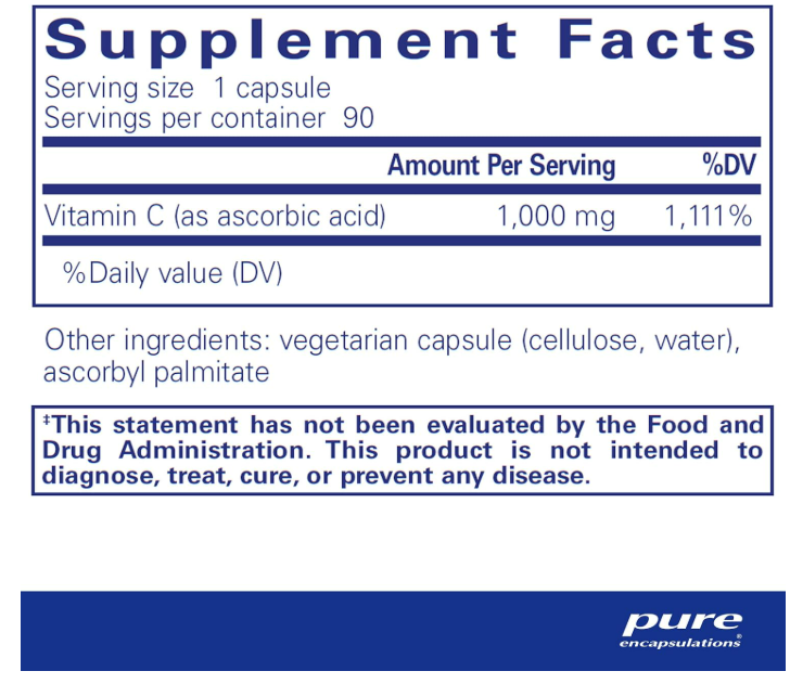 Pure Encapsulations  ácido ascórbico Suplemento de vitamina C para defensa antioxidante 90 CAP