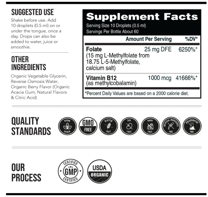 Tiquetra - L-Methylfolate , 5-MTFH plus Methyl B12 , 15mg - 1fl. oz