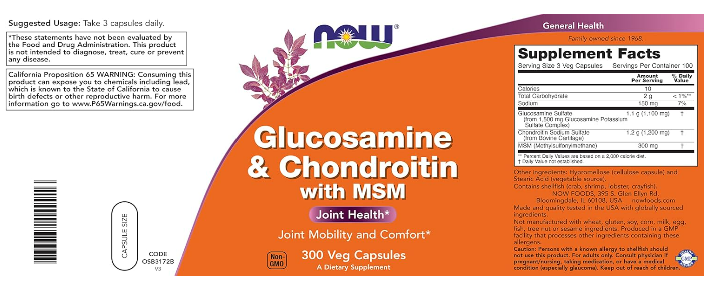 Now  - Glucosamina y Chondroitin con MSM , 300 capsulas vegetables