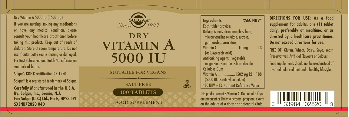 Solga - Dry Vitamina A 5000IU , 100 tabletas