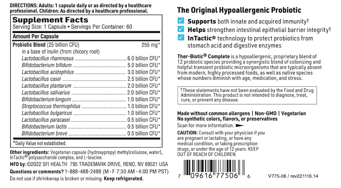SFI, Ther-biotic complete 12 probiotic species/ 25 billion CFU, 60 capsulas