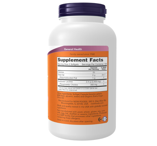 Now - Sunflower Lecithin 1200mg, 200 capsulas
