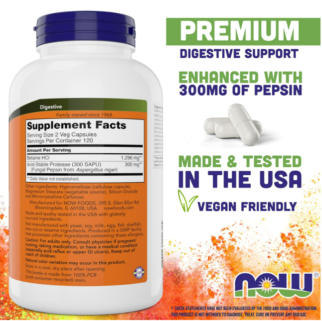 Now - Betaine HCI 648mg, 240 capsulas vegetarianas