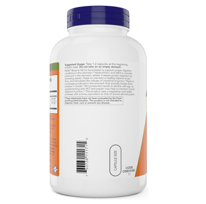 Now - Betaine HCI 648mg, 240 capsulas vegetarianas