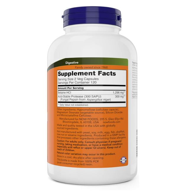 Now - Betaine HCI 648mg, 240 capsulas vegetarianas