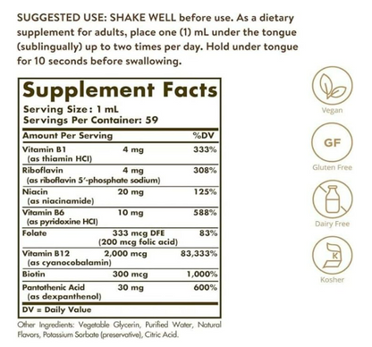 Solgar - Sublingual Liquido B-12, 2000mcg con B- Complex - 59ml(2oz)