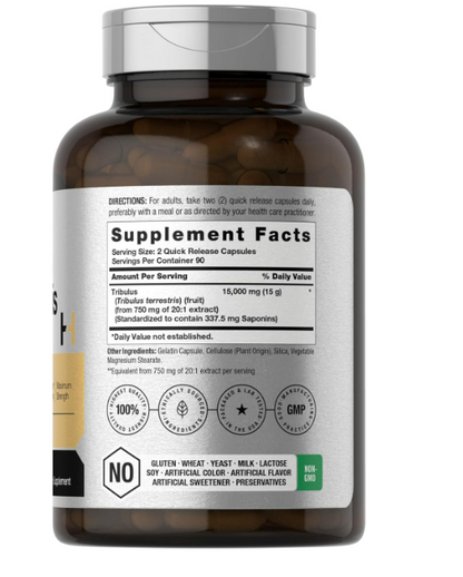 Horbäach Tribulus Terrestris para Hombres 15,000mg | 180 Capsules Extra Fuerte| Sin-GMO, Sin Gluten