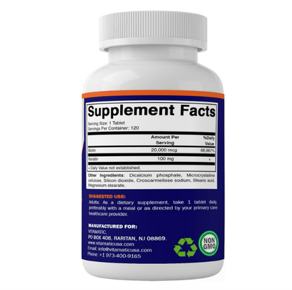 Vitamatic - max strength, Biotin 20,000mcg - 120 tabletas.