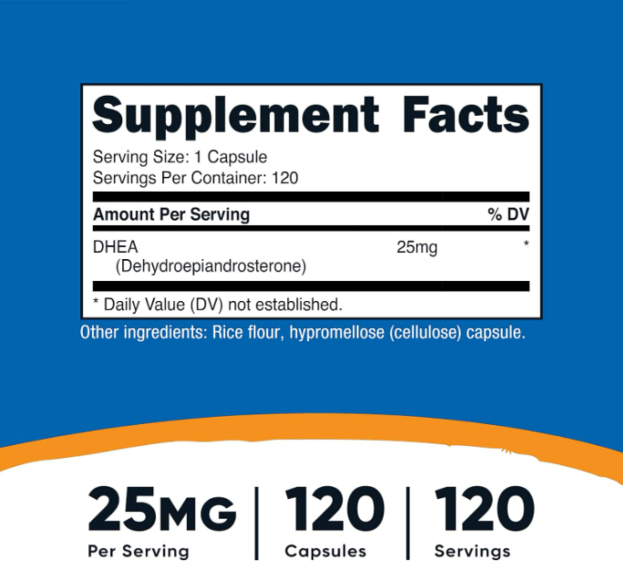 Nutricost DHEA 25 mg, 120 cápsulas - Sin gluten, sin soja, sin OMG, suplemento