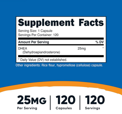 Nutricost DHEA 25 mg, 120 cápsulas - Sin gluten, sin soja, sin OMG, suplemento
