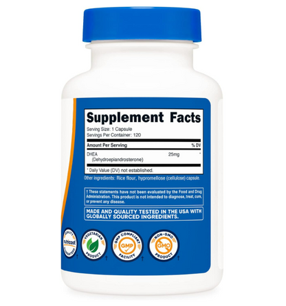 Nutricost DHEA 25 mg, 120 cápsulas - Sin gluten, sin soja, sin OMG, suplemento