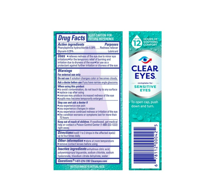 Clear Eyes Sensitive, Soothing Comfort Sensitive Eye Drops 0.5 oz