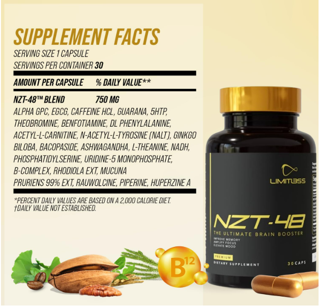 NZT-48 Brain Booster | Suplementos cerebrales nootrópicos para la memoria y la concentración , 30 capsulas