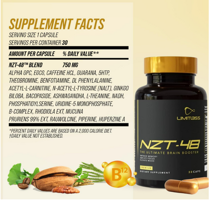 NZT-48 Brain Booster | Suplementos cerebrales nootrópicos para la memoria y la concentración , 30 capsulas