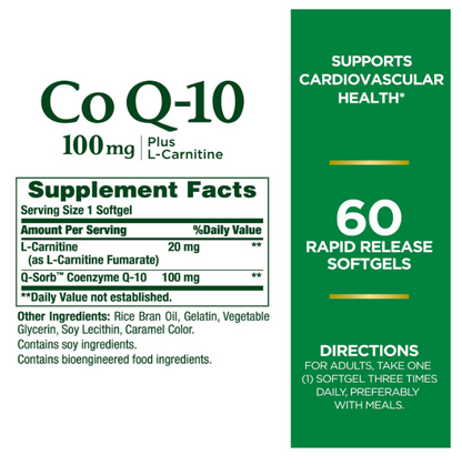 Natures Bounty - Coq10 100mg con L-cartinine , 60 cápsulas blandas de liberación rápida
