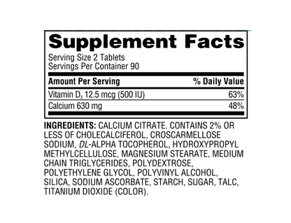 Equate -  Calciumm Citrate 630mg  + D3 12.5 mcg(500IU), 180 tabletas