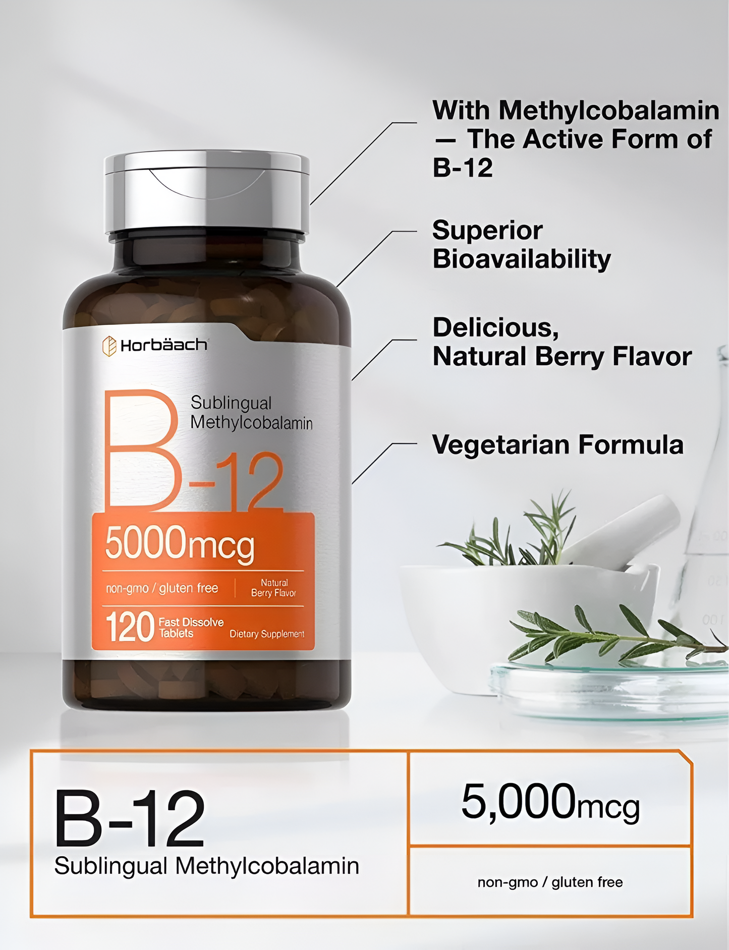 B-12 5000mcg , 120 tabletas disolventes - Horbaach