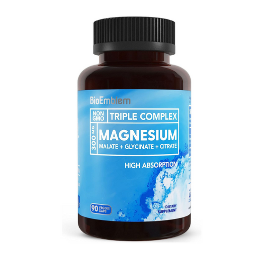 BioEmblem Complejo de Magnesio Triple, 300 mg de Glicinato de Magnesio, Malato y Citrato alta absorción, vegano, sin OMG, 90 cápsulas