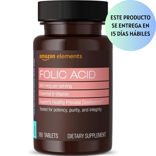 Amazon Elements Ácido fólico 800 mcg por porción, tableta, 180 unidades