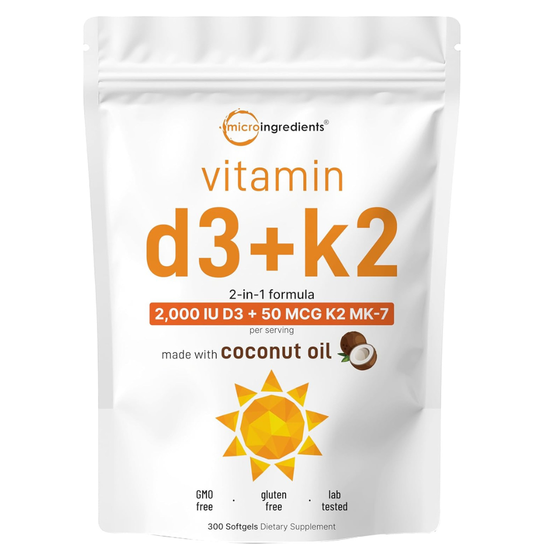 MicroIngredients - Vitamina D3(5,000IU) + K2 (100MCG- Mk7) - 300 capsulas