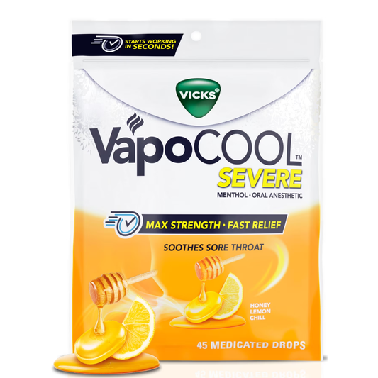 Vicks VapoCool Pastillas Medicadas para el Dolor de Garganta Severo, Mentol, Miel Limón, 45 Unidades