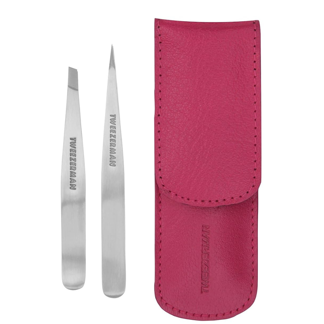 Tweezerman - Pinzas pequeñas para cejas con estuche de viaje rosa