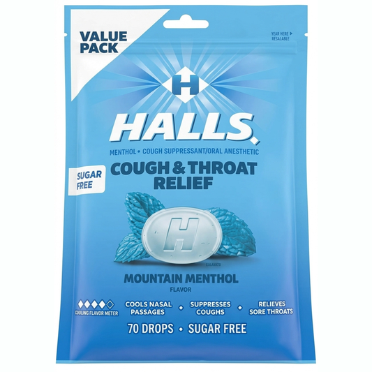 Halls - Pastillas para la tos y la garganta Menthol sin azúcar, 70 unidades