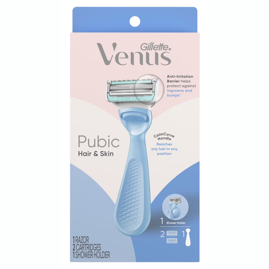 Kit de depilación Venus para vello púbico y piel, 1 mango + 2 recambios + gancho para ducha, morado.