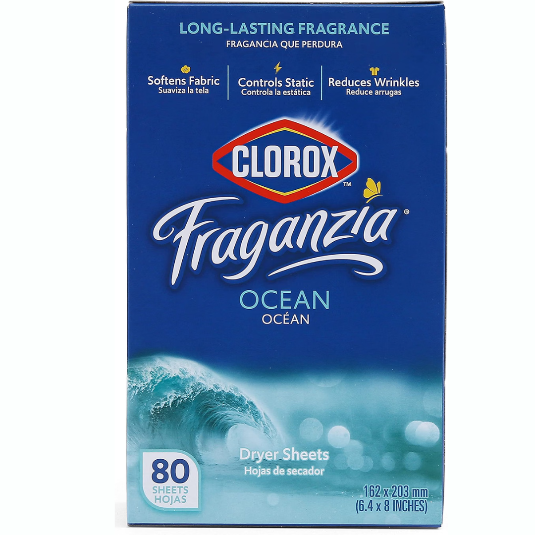 Clorox Fraganzia - Hojas de secadora suavizantes de tela, aroma fresco del océano, 80 unidades
