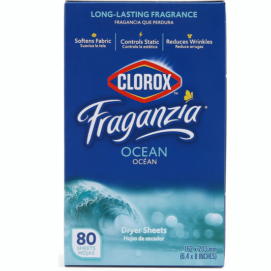 Clorox Fraganzia - Hojas de secadora suavizantes de tela, aroma fresco del océano, 80 unidades