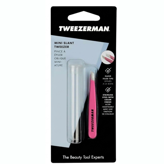 Mini pinzas Tweezerman de acero inoxidable con punta inclinada, color rosa neón